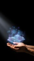 Digital learning concept with holographic book and data visualization floating above open hands on dark background for education technology presentations.