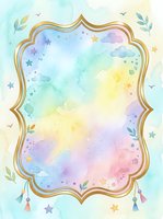Pastel watercolor frame with gold border, clouds, stars, and floral accents in rainbow hues, perfect for baby shower or nursery card design.