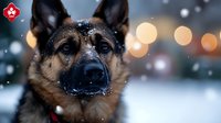 German Shepherd dog portrait in winter snow with bokeh lights background, close up of alert watchful face with snowflakes on nose and fur.