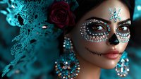 Young Hispanic woman with elaborate Day of the Dead sugar skull makeup featuring rhinestones, crystals, and ornate face paint with red rose hair accessory.