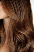 Close-up of glossy brown hair with caramel highlights showing smooth texture and natural waves, ideal for beauty and haircare advertising.