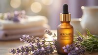 Amber glass dropper bottle with serenity label surrounded by fresh lavender sprigs on wooden surface with soft bokeh lighting for spa wellness aromatherapy.