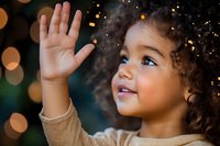 Young African American girl with curly hair smiling and waving, wearing beige sweater against blurred bokeh lights background, expressing joy and wonder in magical holiday atmosphere.