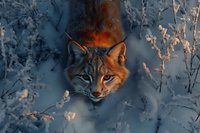 Wild lynx face peering through snowy winter branches at dusk, intense gaze and distinctive ear tufts highlighted against blue twilight background.