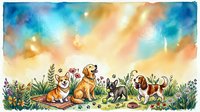 Watercolor dogs of different breeds sitting in meadow with wildflowers under colorful sky with bokeh lights for pet care designs and greeting cards.
