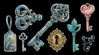 Ornate vintage keys and lock elements isolated on transparent background, ready for t-shirt design, clipart, stickers, sublimation and print-on-demand projects.