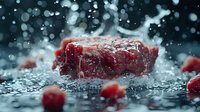 Fresh raw meat chunk splashing in water droplets with dramatic lighting, perfect for food photography, restaurant menus, and culinary advertising. Dynamic composition captures motion and freshness.