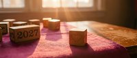 Wooden blocks with numbers on pink fabric surface in sunlit room with warm golden light casting shadows.
