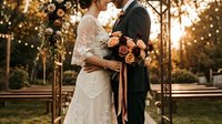 Romantic wedding couple embracing at sunset ceremony with floral arch and warm string lights creating magical golden hour atmosphere for celebration.