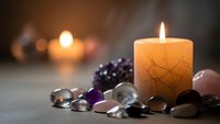 Burning candle surrounded by healing crystals and gemstones creating peaceful meditation atmosphere for spiritual wellness and relaxation practices.