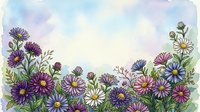 Watercolor wildflower border with purple, pink, and white daisies on a soft sky background, perfect for greeting cards and invitations.