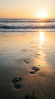 Footprints in wet sand leading toward ocean waves during golden hour sunset with warm light reflection on beach for travel and vacation concepts.