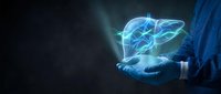 Medical professional holding glowing holographic liver organ with digital network connections for healthcare technology and organ transplant concepts.