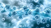 Microscopic view of virus cells floating in blue fluid with bokeh effect background, scientific medical research concept for healthcare and virology studies.
