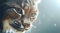 Close-up portrait of a lynx with amber eyes and distinctive facial markings against soft blurred background.