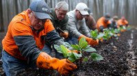 Agricultural workers in orange safety gear planting young seedlings in prepared soil rows during spring season, demonstrating professional farming and cultivation techniques.