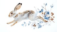 Watercolor rabbit running through delicate blue floral branches on white background. Isolated woodland animal illustration for spring designs and nature projects.