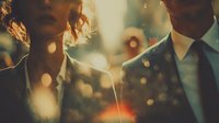 Business professionals in formal attire standing close together at sunset with golden bokeh light effects creating romantic urban atmosphere.