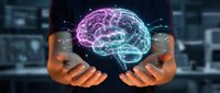 Businessman hands holding glowing digital brain with neural network connections representing artificial intelligence and machine learning technology concepts.