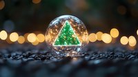 Glowing green triangle shape in glass sphere with bokeh lights background creates magical holiday atmosphere. Creative Christmas photography with crystal ball reflection.