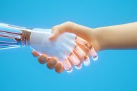 Human and robot hands in friendly handshake against blue background, symbolizing cooperation between artificial intelligence and humanity in modern technology era.