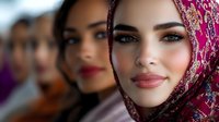 Young woman wearing traditional pink hijab with gold embroidery, smiling softly with natural makeup, other women blurred in background.