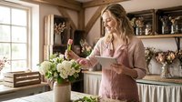 Young blonde woman arranging white flowers in rustic farmhouse kitchen with wooden beams and vintage decor elements.