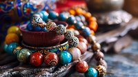 Colorful ethnic beaded bracelets with ornate silver details and gemstones in turquoise, orange, and red tones arranged on rustic wooden surface, selective focus on jewelry.