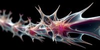 Abstract neuron cell with glowing pink center and translucent spiky extensions on black background, representing neural network or brain activity.