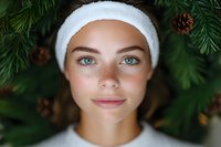 Young Caucasian woman with natural makeup wearing white headband and sweater against pine branches and cones background. Close up portrait showing fresh glowing skin.