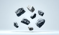 Floating black coal chunks or mineral rocks against light background, dramatic lighting creates shadows and highlights on rough surfaces for mining industry concept.