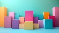 Colorful geometric blocks arranged in abstract composition against turquoise background creating modern minimalist display platform for product presentation.