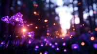 Glowing purple mushrooms in enchanted dark forest with magical sparkles and bokeh lights creating mystical atmosphere at dusk. Dreamy nature background.