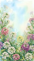 Watercolor wildflower border frame with colorful blooms and soft blue sky background for spring greeting cards and botanical designs.