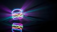 Neon hamburger icon with colorful light rays and reflection on dark background for fast food restaurant branding and digital marketing campaigns.