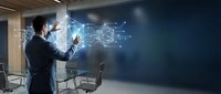Professional businessman in suit interacting with futuristic holographic network interface in modern conference room for technology presentations.