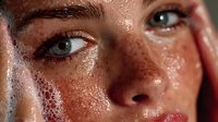 Close-up portrait of young Caucasian woman with wet skin and water droplets on face after shower or skincare routine. Fresh clean beauty concept.