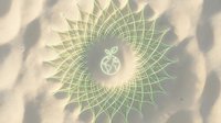 Young woman with light skin tone meditating in lotus position, surrounded by glowing green geometric mandala pattern and sacred geometry symbol, spiritual wellness and yoga practice concept.