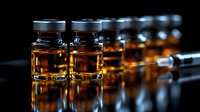 Medical vials with amber liquid arranged in row on dark background, selective focus on front bottles with dramatic lighting and reflective surface.