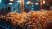 Freshly popped buttery popcorn in cinema concession stand with warm lighting and bokeh background, ready for movie night entertainment.