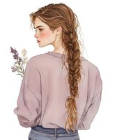 Young woman with long braided brown hair wearing casual mauve sweater shown from behind, holding delicate wildflowers. Soft artistic style portrait captures romantic feminine mood.