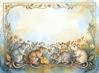 Adorable watercolor rats family with decorative floral border frame on soft blue background for greeting cards, invitations and nursery decor.