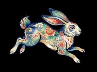 Running rabbit with colorful floral and wave folk art patterns, isolated on transparent background, ready for t-shirt design, stickers, sublimation, and print on demand.