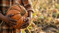 Farmer holding large orange pumpkin in field during harvest season. Male agricultural worker in plaid shirt displays fresh produce grown in garden or farm.