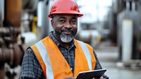 Mature African American male construction worker in safety vest and hard hat smiling while holding digital tablet at industrial site. Professional workplace portrait.
