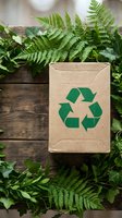 Eco-friendly cardboard package with green recycling symbol surrounded by fresh ferns on rustic wooden background for sustainable shipping and packaging.