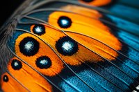 Extreme macro close-up of vibrant orange and blue butterfly wing showing detailed eyespots, intricate patterns and delicate textures for nature photography projects.