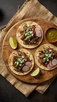 Pulled pork tacos with shredded meat, fresh radish slices, diced onion, cilantro, lime wedges, and salsa verde served on corn tortillas on wooden plate.