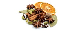 Aromatic winter spices collection with star anise, cinnamon sticks, cardamom pods, cloves and dried orange slices isolated on white background for cooking.
