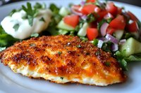 Grilled seasoned fish fillet with crispy golden crust served alongside fresh garden salad with tomatoes, cucumber, and sour cream dressing on white plate.